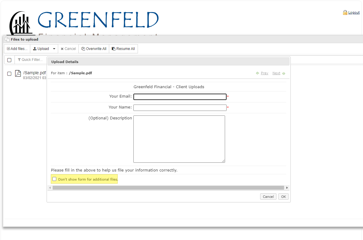 Secure Upload confirmation | Greenfeld Financial Group